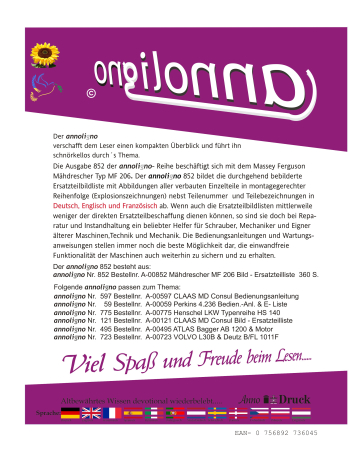 Massey Ferguson Mähdrescher Typ MF 206 Bild Ersatzteilliste mit Explosionszeichnungen in 3 Sprachen - annoligno 852